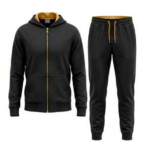 Conjunto Deportivo Unisex Negro con Capucha, Cremallera Dorada y Cordones Ajustables, Pantalones y Sudadera Largos de Color Sólido - Product Image 1