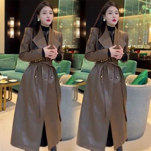 Gabardina de cuero auténtico suave marrón larga y elegante para mujer, abrigo impermeable de pasarela para primavera y otoño con fajas - Product Image 2