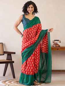 Sari en soie à séchage rapide avec imprimé dessiné à la main orange et vert, bordure contrastante, tenue ethnique indienne traditionnelle pour femme, décontractée, mariage, bal de promo - Product Image 2