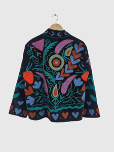 Veste en velours noir brodée de fleurs, col mandarin, manches longues, travail artisanal, style automne pour adulte - Product Image 2