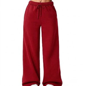 Pantalon large rouge de qualité supérieure pour femme, taille élastique avec cordon de serrage, coupe décontractée, doux et fluide, vêtement décontracté, personnalisable OEM - Product Image 5