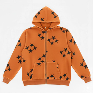 Sweat-shirt à capuche zippé orange pour homme, en coton molletonné, imprimé étoiles, style décontracté automne, coupe classique, avec poches, à prix abordables - Product Image 1