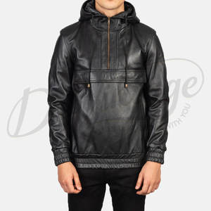 Sudadera con Capucha para Hombre, Negra, de Cuero Genuino, con Cierre de Cremallera de un Cuarto, Bolsillo Frontal y Puños Elásticos Acanalados - Product Image 6