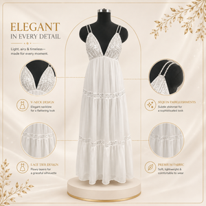 Womens White Eyelet Lace Maxi Dress Deep V Neck Double Strap Sleeveless Tiered Flowy Summer Beach Resort Holiday Elegant Boho - Product Image 5