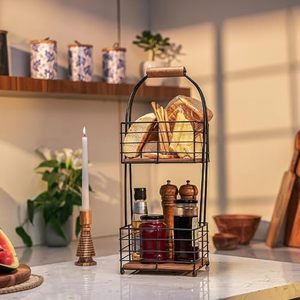 Étagère de rangement de cuisine en métal à double niveau avec poignée en bois, style industriel, organisateur multifonctionnel - Product Image 5