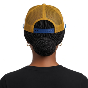 Gorra Trucker Blanca con Bordado Azul Rey y Dorado, Diseño de Letras Griegas, Malla Trasera, Visera Curva, Ajustable con Cierre a Presión, Casual para Mujer - Product Image 6