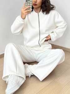 Custom <b>Zip</b>-<b>Up</b> <b>Jacket</b> White Sweatshirt Set Casual Knitted Full Sleeve Hoodies Solid Color Breathable Stand Collar Street Wear DTG - Product Image 4