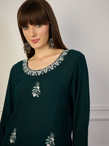 Women's Dark Green Viscose Kurta with Embroidered Neck and Floral Details Loose Fit Midi Length Casual Indian Ethnic Wear - Product Image 3