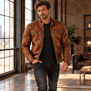 Chaqueta de moto de cuero genuino para hombre en negro, diseño texturizado con paneles acolchados en los hombros, cremalleras de latón, puños con cremallera y bolsillos - Product Image 3