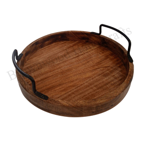 Plateau de service alimentaire en bois d'acacia artisanal de qualité supérieure, design moderne, pour la maison, la cuisine et les restaurants, avec poignées en métal - Product Image 1