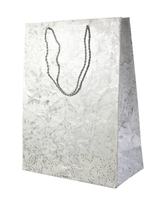 Custom Luxury Eco-friendly Promotional Recycled Cotton Handmade Art Paper Bag Silver Batik Print All Silver Metallic Strings - Product Image 4