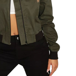 Chaqueta Bomber Verde Oliva de Alta Calidad para Mujer, Manga Larga, Cierre de Cremallera, Cuello Camisero, Color Sólido, Corte Corto, para Otoño - Product Image 4