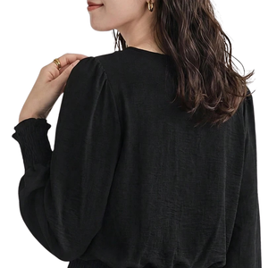 Women's Korean Solid <b>Long</b> Sleeve Blouse Neck Smocked Waist Cuffs Elegant Loose Fit Casual Office Wear Fashion <b>Top</b> - Product Image 3