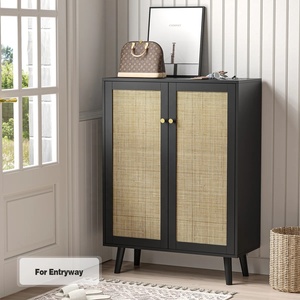 Modern black Wood and Rattan Two Door <b>Storage</b> Cabinet with Black Finish Modern Organizer for Living Room Bedroom and Office - Product Image 2