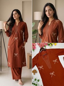Ensemble pantalon et kurta en voile de coton à manches longues pour femmes adultes, couleur unie marron, brodé, col en V, longueur cheville, vêtements décontractés musulmans, OEM - Product Image 4