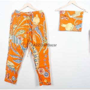 Conjunto de Pijama de Algodón con Estampado Floral Naranja para Mujer, Hecho a Mano, Manga Larga, Cuello en V, Cintura con Cordón Ajustable, Ropa de Dormir Informal de 2 Piezas - Product Image 4