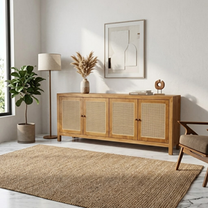 Meuble de rangement en teck à 4 portes avec panneaux en rotin et poignées, pieds droits, style scandinave, pour salon, vente directe usine - Product Image 1