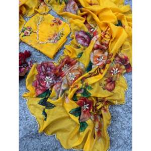 Saree à imprimé floral avec perles et Katdana Handwork in Border Beautiful Dresses - Product Image 3