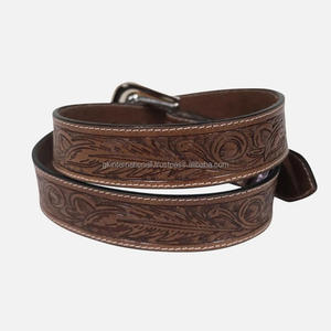 Ceinture en cuir marron classique, sculptée à la main, à motifs floraux, style western, unisexe, avec boucle en laiton plaqué argent design. - Product Image 5