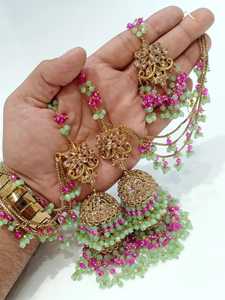 Parures de mariée tendance en acier inoxydable, collier et boucles d'oreilles multi-pendentifs Jhumki Sahara, collection de bijoux de luxe en zircon de qualité supérieure pour femmes - Product Image 4