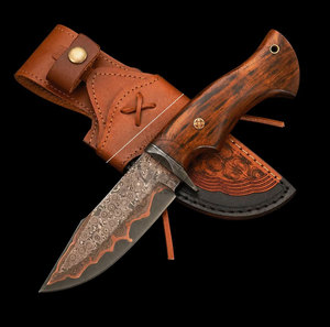 Nueva Edición Cuchillo Táctico de Caza San-Mai Hecho a Mano con Hoja Fija de Cobre Damasco Patrón Lluvia de Gotas y Mango de Palisandro - Product Image 4