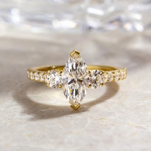 Marquise & Round Cut Lab Grown <b>Diamond</b> <b>Ring</b> 2.55 CT 14K Yellow Gold Trilogy Three Stone Half Eternity Engagement <b>Ring</b> - Product Image 1