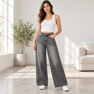 Jean en denim taille haute à jambe large pour femme avec ourlet boutonné, gris fumé, extensible, délavé, style vintage, été, tailles XL et XS - Product Image 5