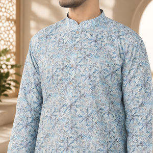 Men's 100% <b>Silk</b> Digital Printed Long <b>Kurta</b> | Full Sleeve Mandarin Collar Ethnic Traditional Diwali Wedding Festival Party Wear - Product Image 4