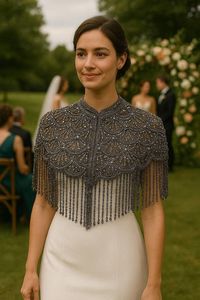 Poncho de diseñador para adultos con cuentas y cristales bordados, tela de organza antiestática, flecos hechos a mano, transpirable, para uso nocturno, con perlas en la parte delantera. - Product Image 5