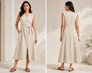 Robe midi sans manches en coton beige |   Robes d'été à boutons devant, coupe trapèze, avec ceinture |   Robe à col en V mandarin avec poches - Product Image 6