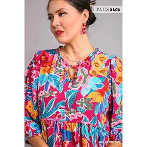 Umgee Robe mi-longue grande taille pour femme Col noué à imprimé floral avec poches pratiques - Product Image 1