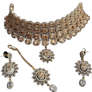 Ensemble de colliers choker élégants faits à la main en argent afghan style Polki Diamond à deux couches avec des motifs floraux assortis - Product Image 2