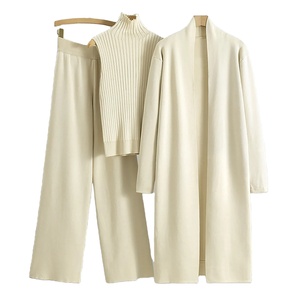 Ensemble de survêtement en laine noire pour femme, col roulé, coupe ample, style minimaliste, vêtements d'hiver, couleur unie, manteau long et pantalon - Product Image 2