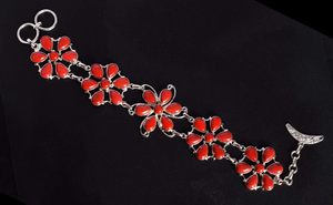 Vintage 925 Sterling Silver <b>Red</b> Coral Stone Flower <b>Bracelet</b> Women's Chain Link Jewelry Everyday Wear Bezel Set <b>Red</b> Stone Design - Product Image 5