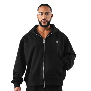 เสื้อฮู้ดซิปสีดำสำหรับผู้ชาย ผ้าฝ้ายผสมขนแกะ แขนยาว ชุดลำลองสไตล์สปอร์ต รับผลิตแบบ OEM จำหน่ายส่งจากโรงงาน - Product Image 1