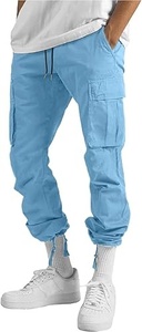 Men's <b>Light</b> Blue Cargo Pants Elastic Waist Drawstring Multiple Pockets Casual Loose Fit Lightweight Cotton <b>Trousers</b> Summer Wear - Product Image 3