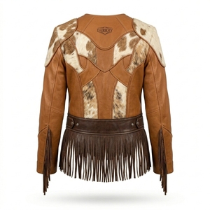 <b>Collarless</b> Cowhide Hair On Hide <b>Womens</b> Fringe Leather <b>Jacket</b> Western Style Tan Brown Panel Cropped Peplum Riding Coat - Product Image 2