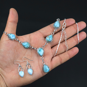 925 Sterling <b>Silver</b> Plated Natural Larimar Gemstone Teardrop Multi-Stone <b>Necklace</b> <b>and</b> Matching <b>Earrings</b> Jewelry <b>Set</b> for Women - Product Image 1