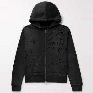 Sudadera con capucha extragrande de invierno para hombre, de mezcla de algodón y poliéster, con forro polar, cremallera completa, térmica, con lavado ácido y efecto desgastado. - Product Image 1