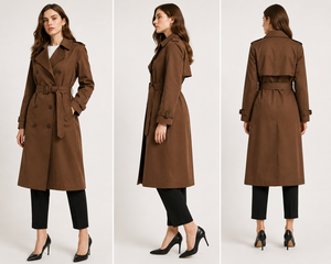Manteau Trench Élégant Marron Premium pour Femme, Double Boutonnage, Ceinturé, Manches Longues, Coupe-Vent en Polyester Tissé, Idéal pour l'Automne - Product Image 2