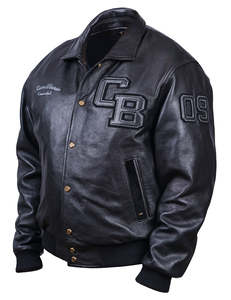 Blouson universitaire en cuir noir pour homme avec broderie CB et patch 09 sur la manche, style preppy, col rabattu, simple boutonnage - Product Image 1