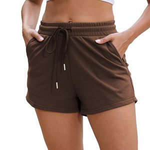 Shorts en coton blanc pour femme, taille mi-haute, cordon de serrage, style décontracté, tissu tricoté, coupe régulière, avec poches, respirant, couleur unie - Product Image 3