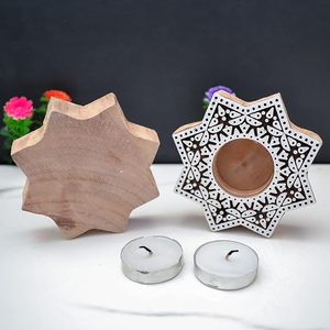 Wooden <b>Tea</b> Light Candle Holder <b>Stand</b> for Diwali Handmade Block Print Star Shaped T Light Holder for Home Decor - Product Image 4