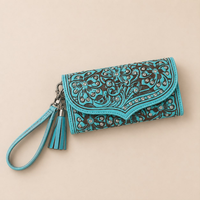 Cartera de Pulsera de Cuero Genuino Premium con Grabado Floral, Cartera Tipo Clutch con Cierre y Borla, Estilo RFID, Cartera Larga para Mujer