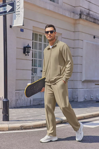 Men's Khaki <b>Tracksuit</b> Set Full Sleeve Zipper Casual Sweatshirt Pants Solid Color Breathable <b>Polyester</b> Cotton Autumn Wear - Product Image 3
