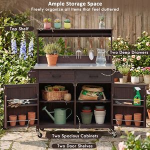 Isola Cucina da Esterno 137 cm con Ripiano Alto, Grande Panca da Patio, Tavolo con Piano in Acciaio Inox, Armadietto Contenitore per Attrezzi da Giardino - Product Image 4