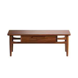 Table basse en teck massif de style mid-century avec tiroir spacieux, design minimaliste en bois à grain naturel et structure robuste - Product Image 1
