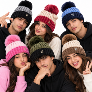 Wholesale Color <b>block</b> Pompom Beanie Unisex Chunky Knit Winter Hat Custom Metal Badge Ribbed Cuff Fashion Warm Cap B2B Supplier - Product Image 4