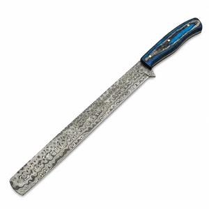 Couteau à découper artisanal en acier Damas de qualité industrielle, fabriqué sur mesure par Ahmad Fabric, manche en bois de 15 cm, lame à pointe tombante, étui en cuir, pour droitier - Product Image 5