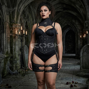 Underbust Steelboned <b>Gothic</b> And Steampunk Black Denim <b>Corset</b> With Neck And Leg Harness - Product Image 2